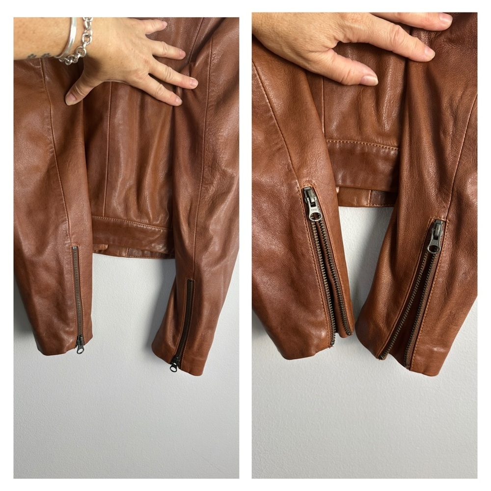 ABLE Maha Soft Lamb Leather Jacket XS in Whiskey Brown Cropped Moto Zipper Cuffs - Picture 14 of 16